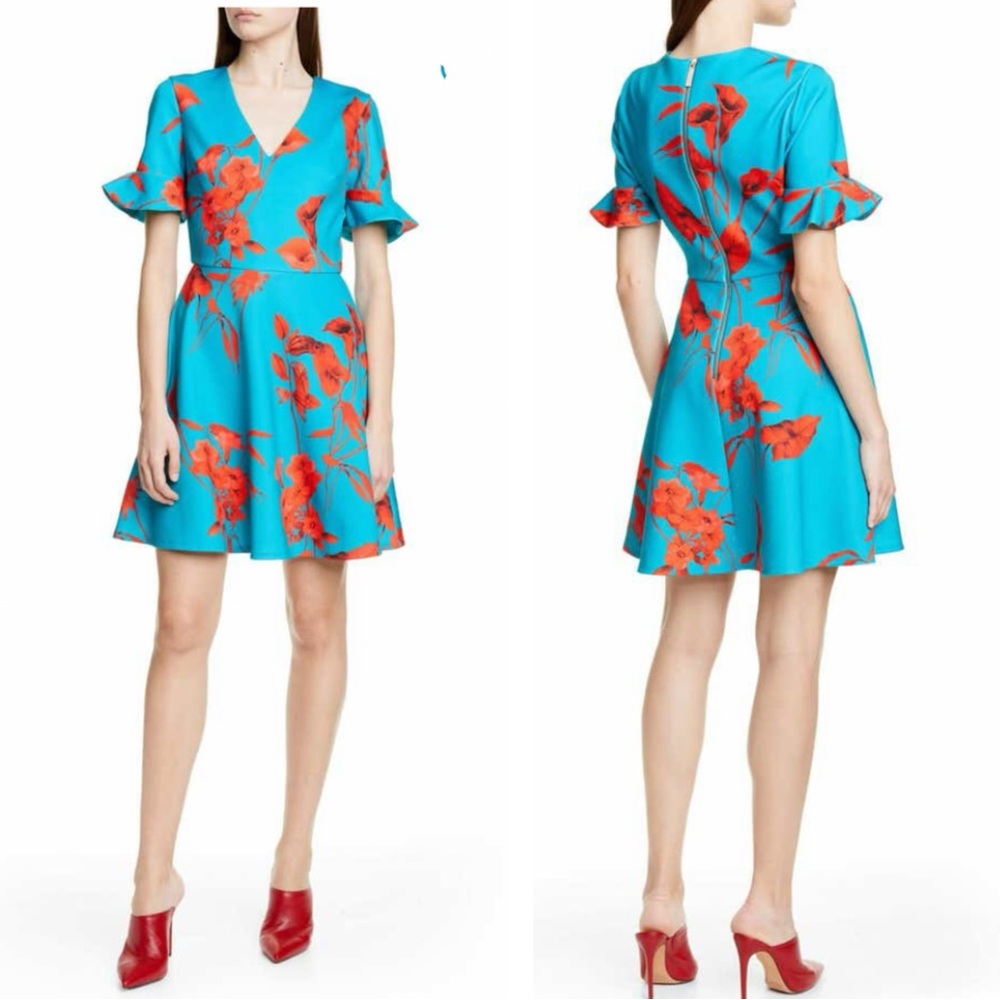 Ted Baker Floral V-Neck Fantasia skater Dress in Turquoise with Orange Blooms